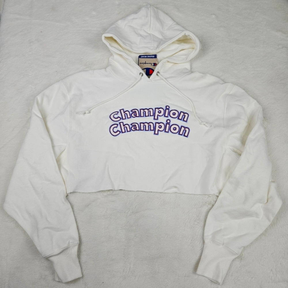 Champion Reverse Weave Long Sleeve Cropped White Hoodie Women's Size Medium